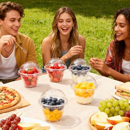 100 Sets 7oz Clear Plastic Cups with Dome Lids (No Hole), Disposable Dessert Cups for Fruit, Parfait, Pudding, Yogurt, Ice Cream, Snack, PET