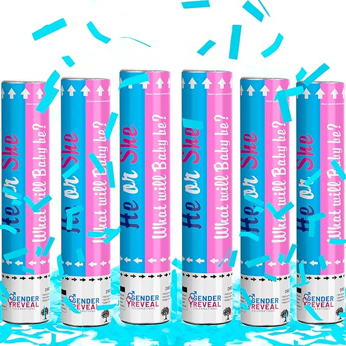 Gender Reveal Confetti Cannon | No Powder Confetti Poppers | Ideal for Baby boy Gender Reveal Decoration (6 blue)