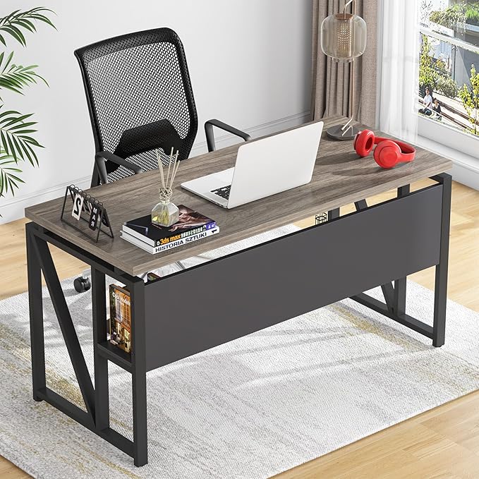 Tribesigns Grey Executive Desk with Cabinet, 55" L Shaped Computer Desk and lateral File Cabinet with Locks, 2 Piece Home Office Furniture Set for Hanging (Gray, 55 inches)
