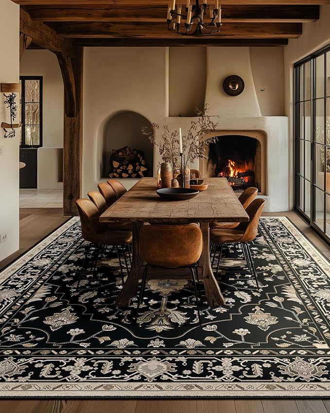 Area Rugs 6'x9' Washable Non-Slip, Floral Vintage Distress Print Pattern Medallion Carpet for Living Room Bedroom Dining Room, Black Brown Neutral Dark Tan
