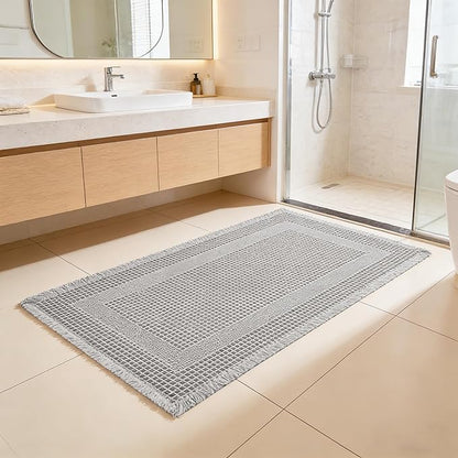 Waffle Bath Mat Non Slip, Boho Runner Rug, Super Absorbent Quick Dry Long Bath Runner Bathroom, Soft Farmhouse Bath Rug with Tassels, Washable Shower Mats for Floor 24"x48", Square Light Grey