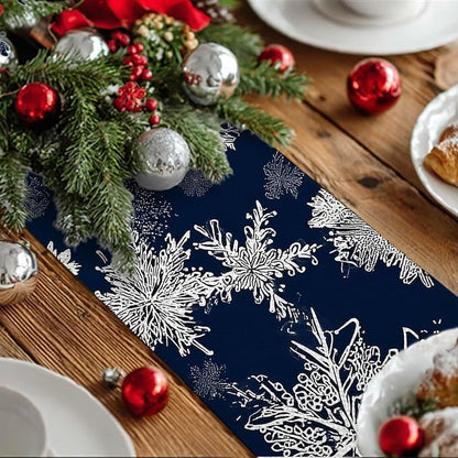 Blue Snowflake Table Runner 13x72 Inch Winter Table Runner Burlap Winter Holiday Dining Tables Decoration with White Snow Patterns Christmas Tablecloth for Kitchen Dining Home Party Decor