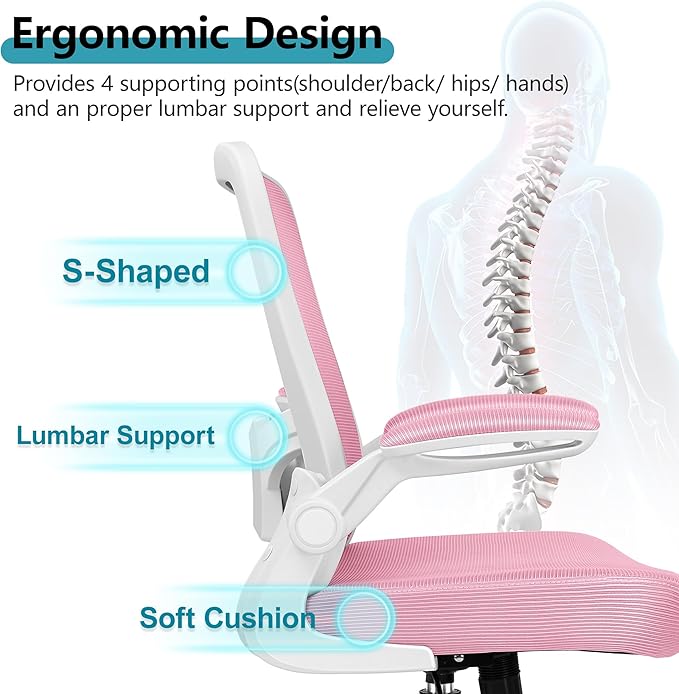 FelixKing Office Chair, Ergonomic Desk Chair Breathable Mesh Chairs Adjustable High Back Lumbar Support Flip-up Armrests, Executive Rolling Swivel Comfy Computer Chairs Home Office Pink