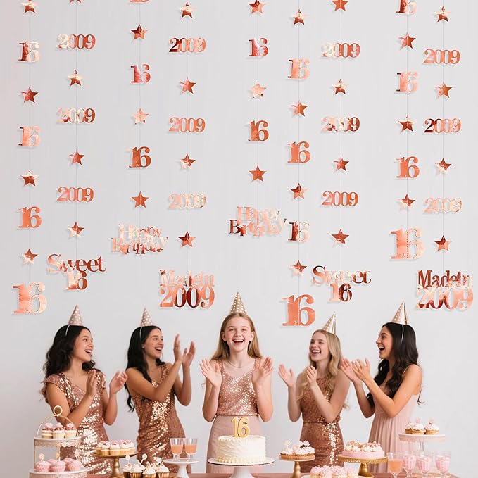 12PCS Rose Gold 16th Birthday Decorations Number 16 and 2009 Star Garland Streamer Banner Backdrop for Girls Boys Cheers to 16 Years Birthday Vintage Made in 2009 Sweet Sixteen Party Decor Supplies