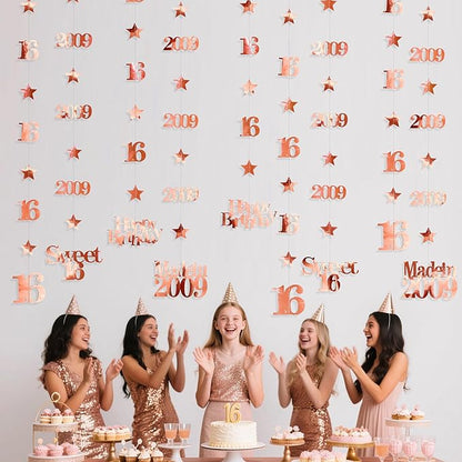 12PCS Rose Gold 16th Birthday Decorations Number 16 and 2009 Star Garland Streamer Banner Backdrop for Girls Boys Cheers to 16 Years Birthday Vintage Made in 2009 Sweet Sixteen Party Decor Supplies
