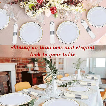 100 Pack Pre Rolled Silver Plastic Silverware Set,Wrapped Plastic Cutlery Set with Napkin Include 100 Forks,100 Spoons,100 Knives and 100 White Napkins for Party, Wedding,showers,Christmas