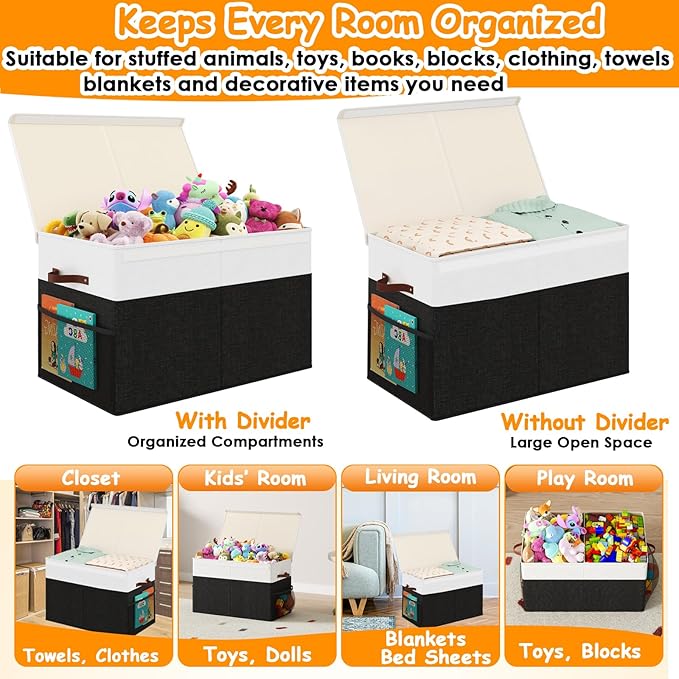 Large Toy Storage Box with Lid Upgraded Toy Storage Chest Organizer with Divider Foldable Toy Bin for Kids Boys Girls Playroom Nursery Bedroom (25"x13"x16")