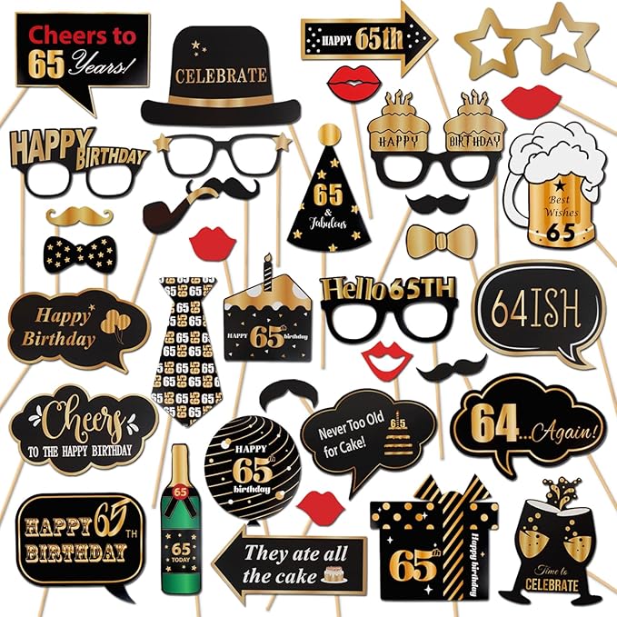 LINGTEER Happy 65th Birthday Party Photo Booth Props,Cheers to 65th Birthday 65th Years Old Bday Party Centerpieces Props Decorations Sign.