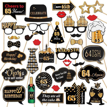 LINGTEER Happy 65th Birthday Party Photo Booth Props,Cheers to 65th Birthday 65th Years Old Bday Party Centerpieces Props Decorations Sign.