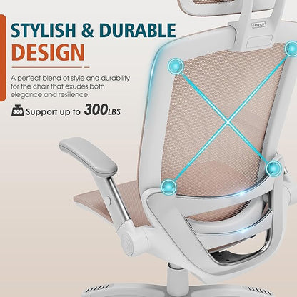 GABRYLLY Ergonomic Office Chair, High Back Home Desk Chair with Headrest, Flip-Up Arms, 90-120° Tilt Lock and Wide Cushion, 300LBS Mesh Chairs for Man Woman, White Task Chair(Pink,GY01WPK)