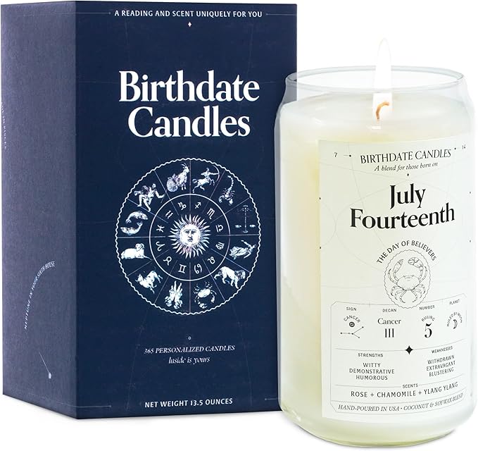Birthdate Candles, July 14 - Cancer Zodiac Scented Candles Birthday Gift - Rose, Chamomile & Ylang Ylang Scent - All-Natural Soy & Coconut Wax, 60-80 Hour Burn Time - Made in USA