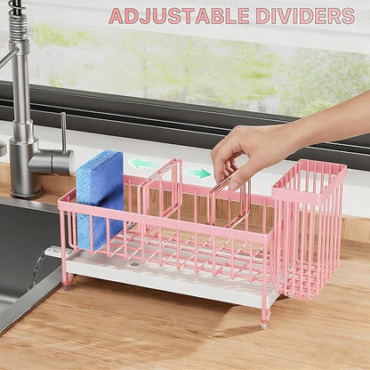 Cisily Sponge Holder for Kitchen Sink, Sink Caddy Organizer with High Brush Holder, Kitchen Countertop Organizers and Storage Essentials, Rustproof 304 Stainless Steel (Pink, 9.25″)