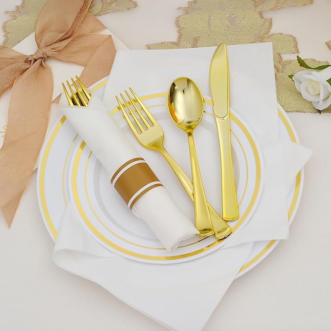 Noemie 100 Pack Pre Rolled Gold Hard Plastic Silverware Set,Wrapped Disposable Cutlery Set for Wedding Birthday Party with 100 Forks,Spoons,Knives,Napkins,Heavy Duty Utensils Flatware Set