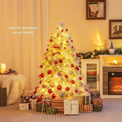 GOFLAME 4.5ft Pre-Lit Christmas Tree Snow Flocked, Hinged Artificial Xmas Tree with 279 Branch Tips, 150 Warm White LED Lights, Willow Leaves, Holiday Decoration Tree for Home Office Party