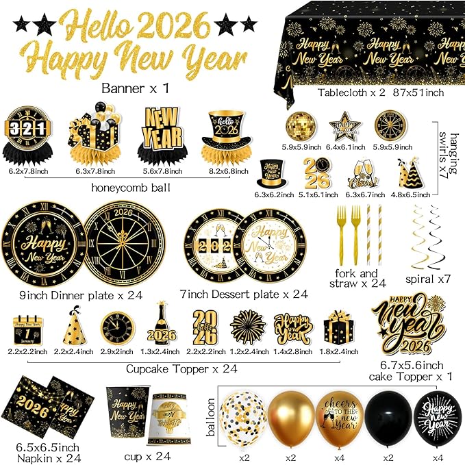 New Years Decorations 2026,new Years Eve Party Supplies Gold and Black Nye Party Decorations include Gold Number 2026 Banner,Tablecloth,Cup,Balloon,Cake Topper,Plates and Napkins for Happy New Years