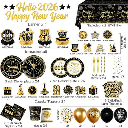 New Years Decorations 2026,new Years Eve Party Supplies Gold and Black Nye Party Decorations include Gold Number 2026 Banner,Tablecloth,Cup,Balloon,Cake Topper,Plates and Napkins for Happy New Years