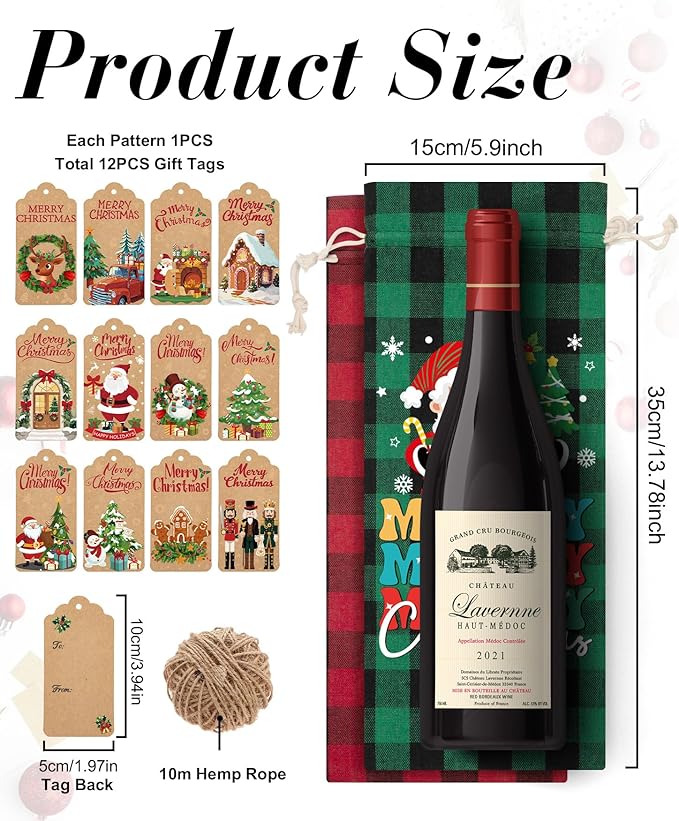 12PCS Burlap Wine Bag Christmas Wine Gift Bags, Drawstring Retro Christmas Bottle Cover Gift Bag w/ Tag, Buffalo Plaid Wines Bags for Bottles Gifts Reusable Bottle Covers for Xmas Holiday Party Decor