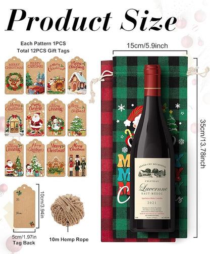 12PCS Burlap Wine Bag Christmas Wine Gift Bags, Drawstring Retro Christmas Bottle Cover Gift Bag w/ Tag, Buffalo Plaid Wines Bags for Bottles Gifts Reusable Bottle Covers for Xmas Holiday Party Decor