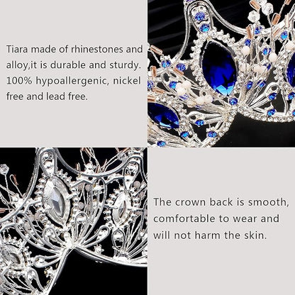 COCIDE Silver Tiara and Crown for Women Blue Gem Rhinestone Baroque Queen Headband for Girl Crystal Mermaid Princess Hair Accessories for Bride Birthday Party Bridesmaids Halloween Costume Cosplay