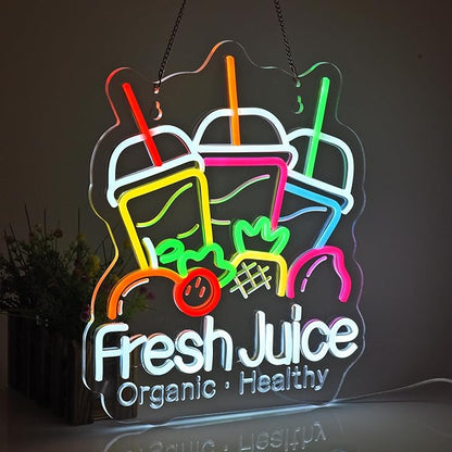 Fresh Juice Neon Sign, Neon Lights Hanging Wall Art Decoration for Juice Bar Shop Food Truck Market Bakeries Café Celebration Home Decor, USB Powered Ultra Bright Dimmable, 15.35×12.6inches