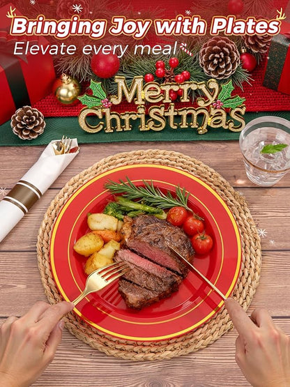 350Pieces Red Plastic Plates with Gold Rim Include 50Dinner Plate 10”, 50Dessert Plate 7”, 50 gold Cups 9 OZ, 50 Pre Rolled Napkins for Christmas Party
