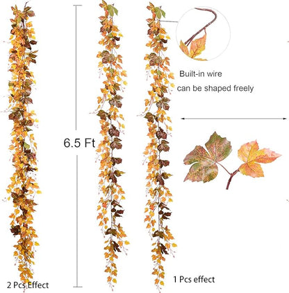 2 Pack Fall Maple Leaf Vine Clearance, 6.5 Ft/Piece Hanging Vine Garland Artificial Autumn Foliage Thanksgiving Decor for Home Wedding Fireplace Party