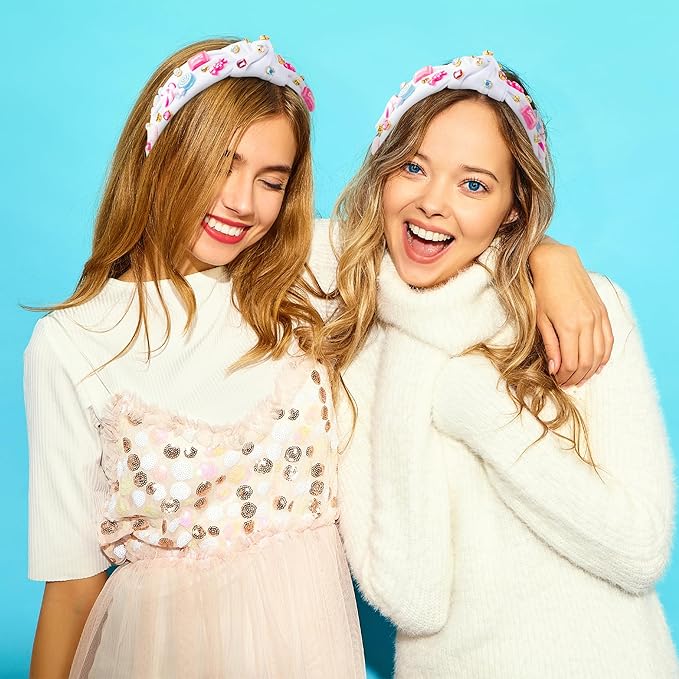 PANTIDE Candy Jeweled Knotted Headband - Christmas Sugar Lollipop Rhinestone Crystal Embellished Preppy Headband Wide Top Knot Fashion Hair Accessories Candyland Birthday Gift for Women Girls (White)