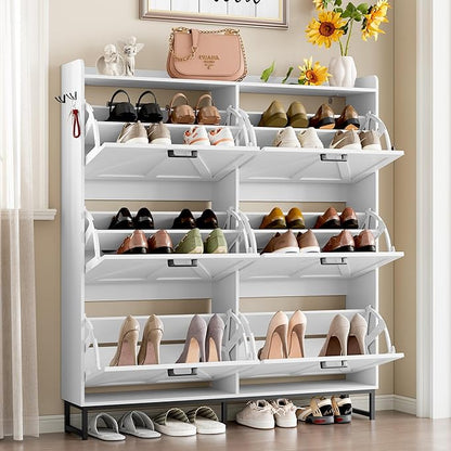Shoe Cabinet with 6 Flip Drawers Narrow Shoe Storage Cabinet Organizer Wooden Freestanding Shoe Rack Hidden Slim Shoes Storage Cabinet for Entryway, Hallway, Living Room, Bedroom