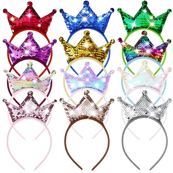 Juexica 12 Pack Princess Party Favors Princess Crowns Headband Decorations Glitter Sequin Headband for Birthday Proms Gifts(Mixed Colors,Sequin)