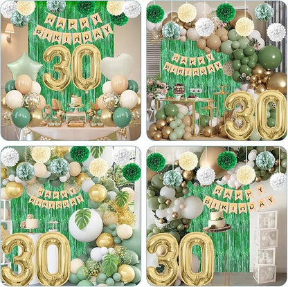 Sage Green 30th Birthday Decorations for Him Gold Number 30 Balloon Nude Gold Happy Birthday Banner Fringe Curtain Paper Pom Poms Olive Green Cream White Sand Star Foil Balloons Party Decor