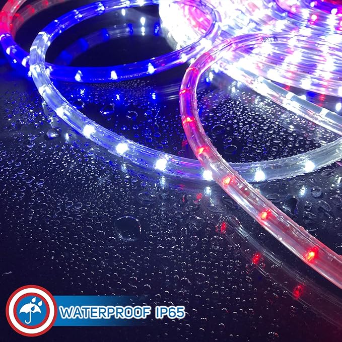 Russell Decor 30ft/9m Led Rope Lights Lamps Kit Indoor Outdoor Decorative Lighting for Patriotic 4th of July Memorial Day Decor Party Trees Patio Deck Flexible String Tube Lights Red White and Blue