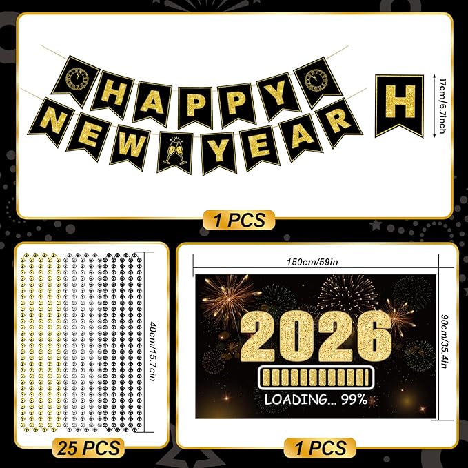 New Years Eve Party Supplies 2026 - Happy New Year Party Supplies Kit for 50 Guests, Including Hats, Glasses, Les, Beads, Squakers, a Backdrop and a Banner, Great New Yeras Decorations