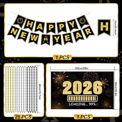 New Years Eve Party Supplies 2026 - Happy New Year Party Supplies Kit for 50 Guests, Including Hats, Glasses, Les, Beads, Squakers, a Backdrop and a Banner, Great New Yeras Decorations