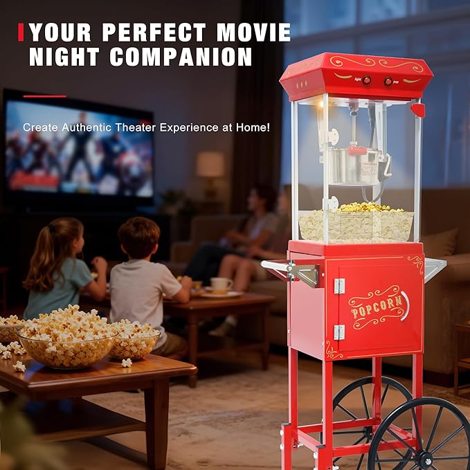 Vintage Theater Popcorn Machine with Cart - 8 Oz Commercial Kettle Makes 32 Cups, with Wheels & Warming Light for Home Theater, Parties & Office, Red