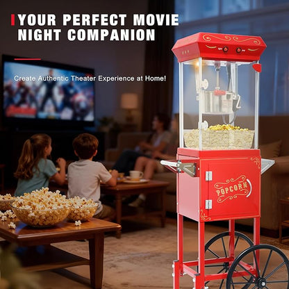 Vintage Theater Popcorn Machine with Cart - 8 Oz Commercial Kettle Makes 32 Cups, with Wheels & Warming Light for Home Theater, Parties & Office, Red