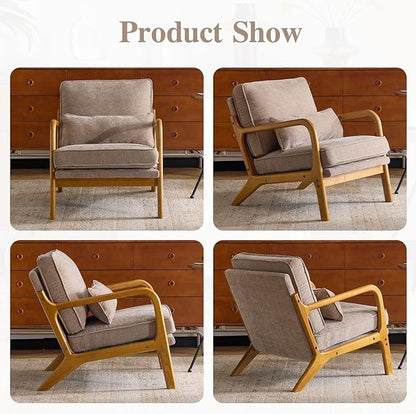Karl home Mid Century Modern Accent Chair with Lumbar Pillow & Oak Arms – Plush Chenille Living Room Chair for Bedroom, Lounge (Khaki)