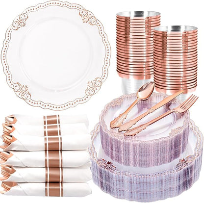 Ciaell 350 PCS Rose Gold Plastic Plates - Rose Gold Disposable Plates Dinnerware Include 50 Disposable Plate, 50 Heavy Duty Silverware, 50 Cups, 50 Napkins for Wedding & Party & Anniversary