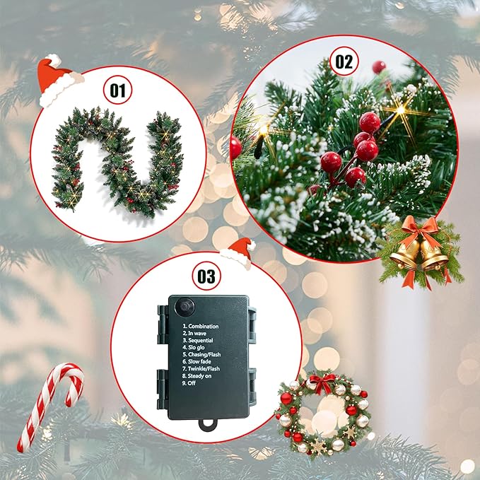 Christmas Garland with Lights, Battery Powered 8 Lighting Modes, 9FT 50 LED Luminous Christmas Decorations Indoor Home Decor.
