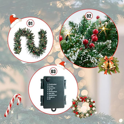 Christmas Garland with Lights, Battery Powered 8 Lighting Modes, 9FT 50 LED Luminous Christmas Decorations Indoor Home Decor.
