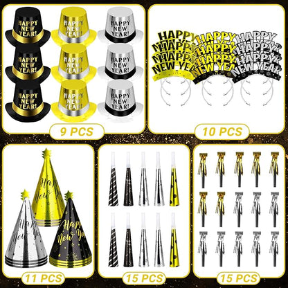 60PCS New Years Eve Party Favors, 30 People New Years Party Hats, Happy Eve Accessories Gold Silver Black, Cardboard Cone Hat Top Party Horn Blowers Tiara Supplies Decorations