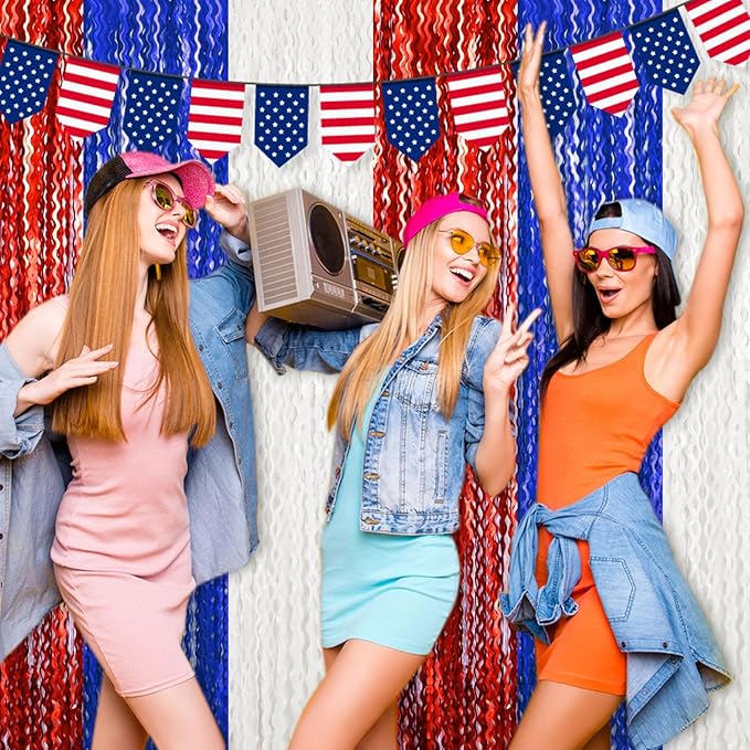4 Pack White Blue Red Fringe Curtain Backdrop 3.2Ft x 8.2Ft Metallic Tinsel Foil Fringe Streamers Background for Photo Booth Mother's Day, Easter, Carnival, Birthday, Wedding Party Decoration