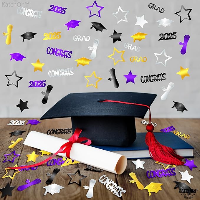 KatchOn, Congrats Grad Confetti 2025 - Pack of 1000 | Purple and Gold Graduation Decorations 2025 | Graduation Table Decorations 2025 | Black, Silver, Purple and Gold Confetti for Table Decor