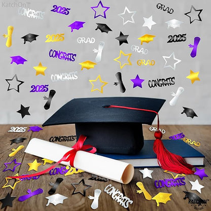 KatchOn, Congrats Grad Confetti 2025 - Pack of 1000 | Purple and Gold Graduation Decorations 2025 | Graduation Table Decorations 2025 | Black, Silver, Purple and Gold Confetti for Table Decor