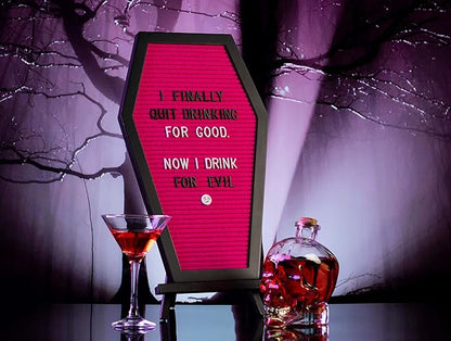 Coffin Letter Board Pink With Spooky Emojis +500 Characters, and Wooden Stand - 17x10.5 Inches - Gothic Halloween Decor Spooky Gifts Decorations
