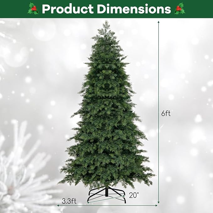 GOFLAME 6FT Artificial Christmas Tree, Hinged Xmas Spruce Tree with 721 Branch Tips, Foldable Metal Stand, Seasonal Holiday Decoration Tree for Home Office Party