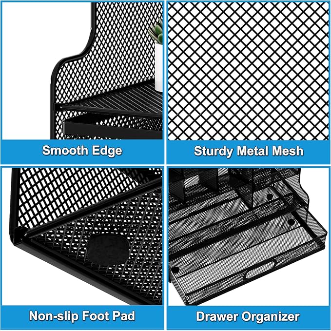 Desk Organizer with Drawer, Mesh Marker Pen Holder for Desk, 13 Compartments Stationery and Art Supplies Organizer, Office Accessories and Workspace Storage Rack, Black