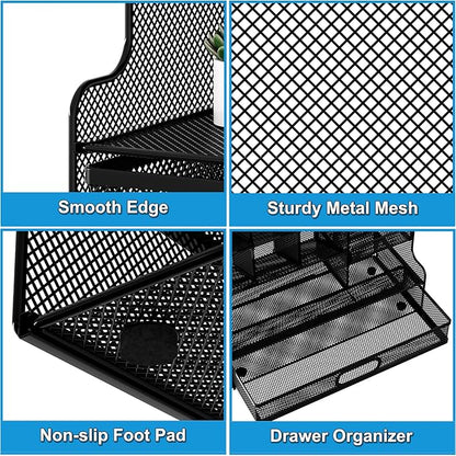 Desk Organizer with Drawer, Mesh Marker Pen Holder for Desk, 13 Compartments Stationery and Art Supplies Organizer, Office Accessories and Workspace Storage Rack, Black