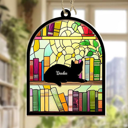 Personalized Pet Memorial Suncatcher – Custom Name & Cat Silhouette with Bookshelf Background for Up to 3 Cats, Memorial Keepsake for Cat Lovers, Home Décor Gift for Readers, Librarians & Book Lovers