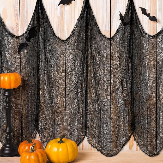 Halatool 12 Pack Halloween Creepy Cloth 30 x 75 Inch, Hanging Gauze Spooky Halloween Decorations for Party Supplies Outdoor Yard Home Wall Decor（Black）