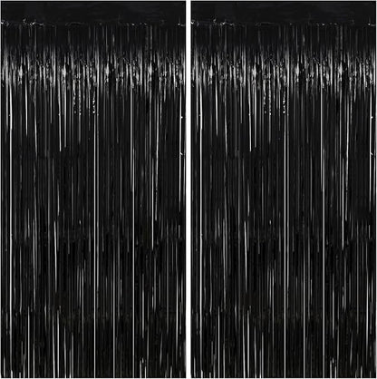 Thicken Black Streamers 2 Pack 3.2 x 8.2 FT, Black Tinsel Backdrop Curtains, Foil Fringe Photo Backdrop for New Years, Halloween, Retirement, Bachelor Party Decorations, Birthday Decorations for Men